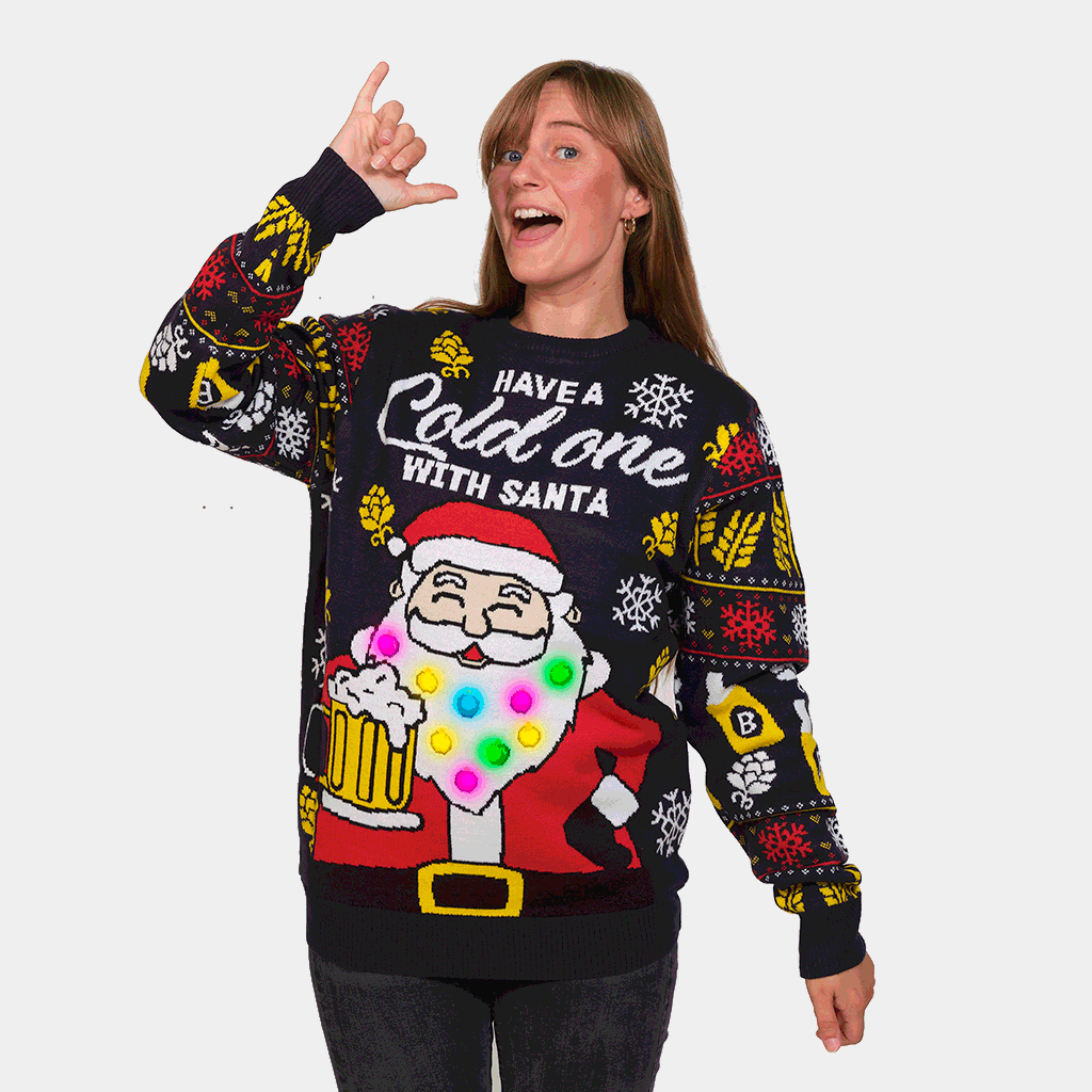 Suéter de Navidad con Luces LED Mujer Hombre Santa con Cerveza
