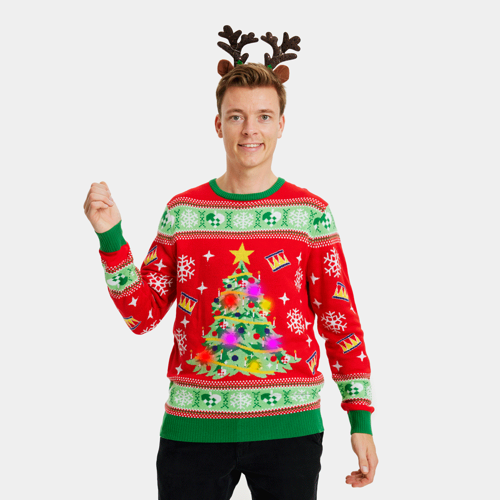Árbol Navidad Suéter de Navidad con Luces LED para Hombre Rojo 