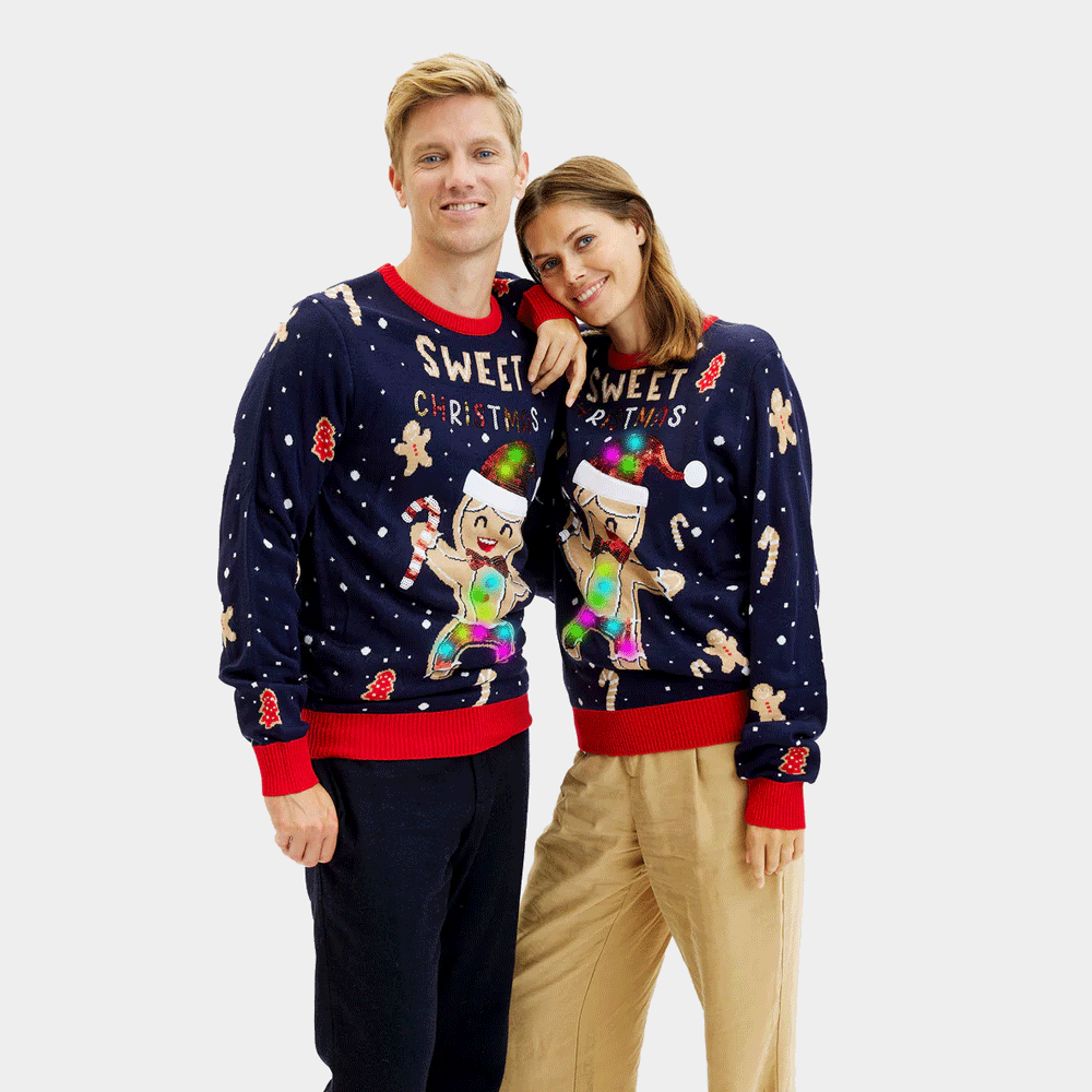 Suéter de Navidad Hombre Luces LED para Mujer Azul Ginger Cookie
