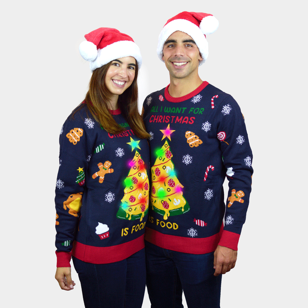 Suéter de Navidad con Luces LED para Mujer Christmas Food pareja