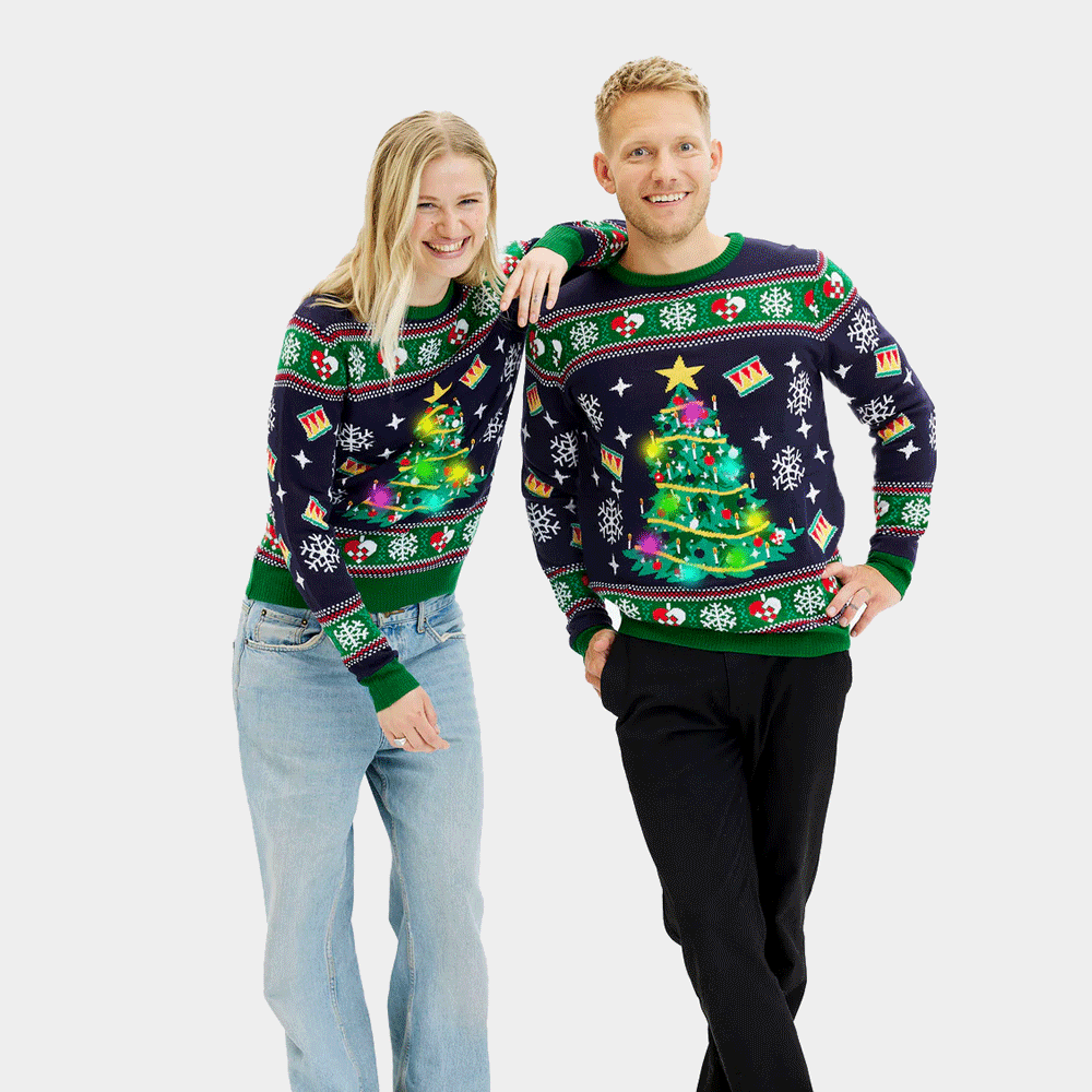 Suéter de Navidad con Luces LED para Mujer Azul Hombre Árbol Navidad
