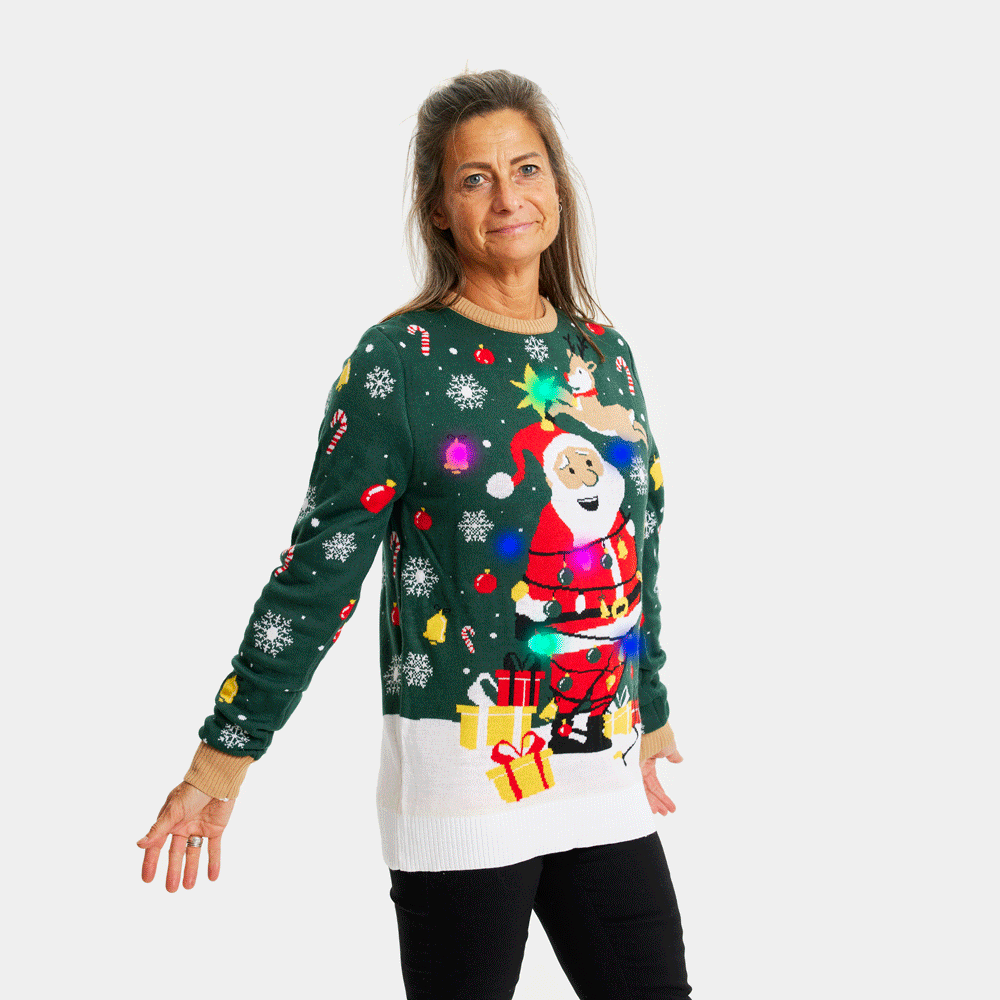 Papá Noel hecho un Lío Suéter de Navidad con Luces LED Mujer 