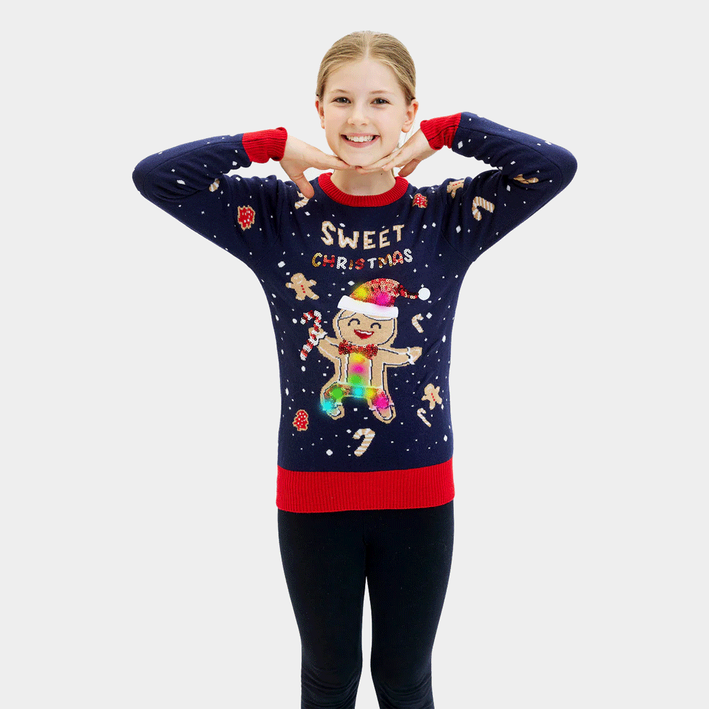 Suéter de Navidad con Luces LED Niña Azul Ginger Cookie
