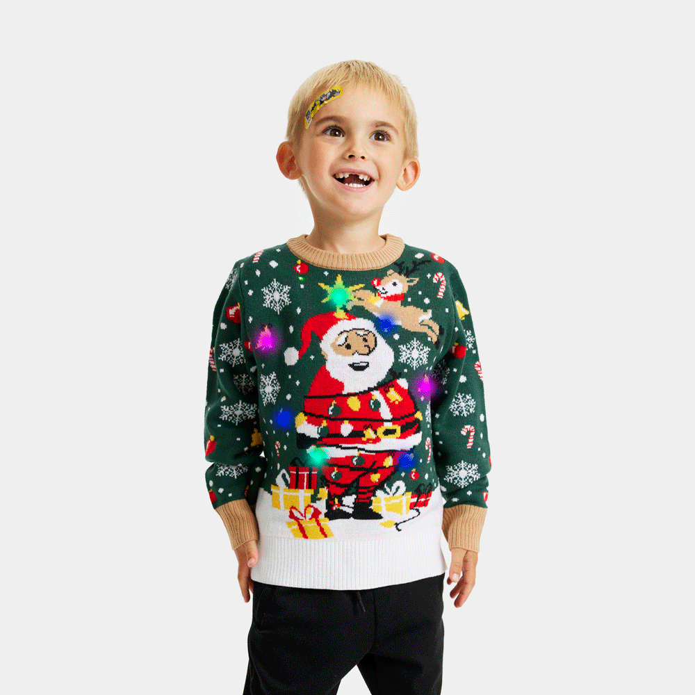 Suéter de Navidad con Luces LED Niño Papá Noel hecho un Lío