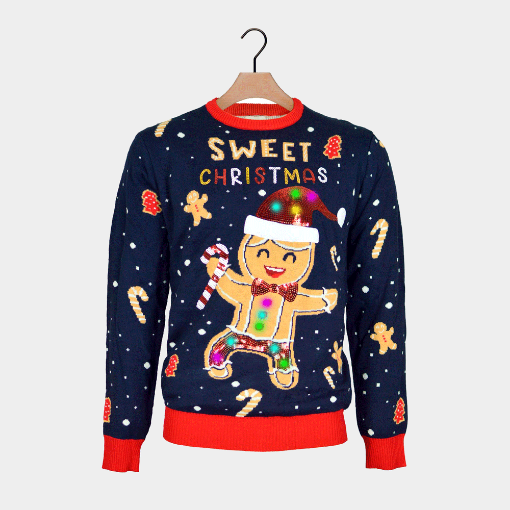 Suéter de Navidad con Luces LED para Familia Azul Ginger Cookie