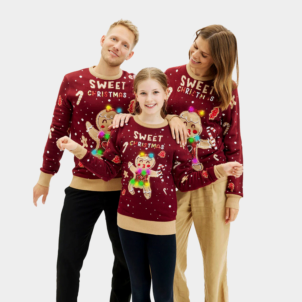 Suéter de Navidad Familia Luces LED para Rojo Ginger Cookie
