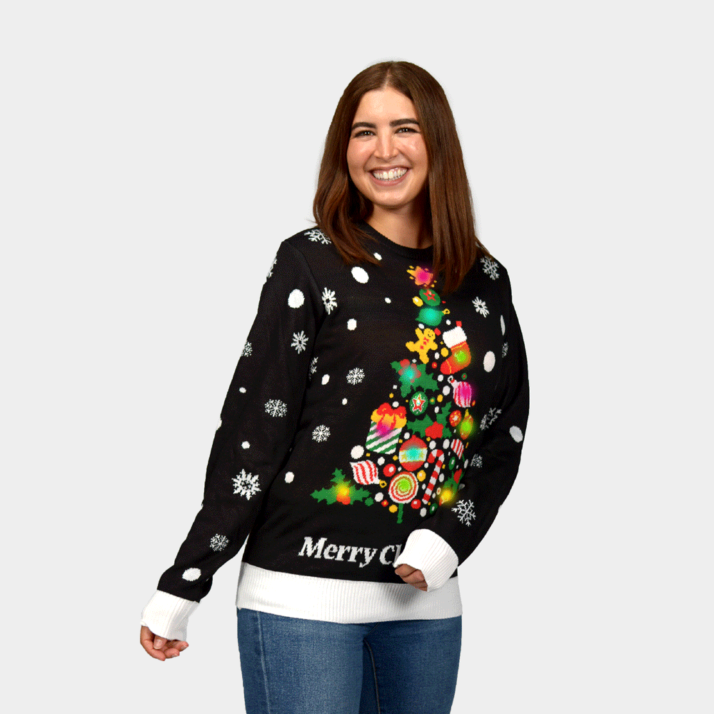 Suéter de Navidad con Luces LED para Mujer con Árbol de Navidad Negro 
