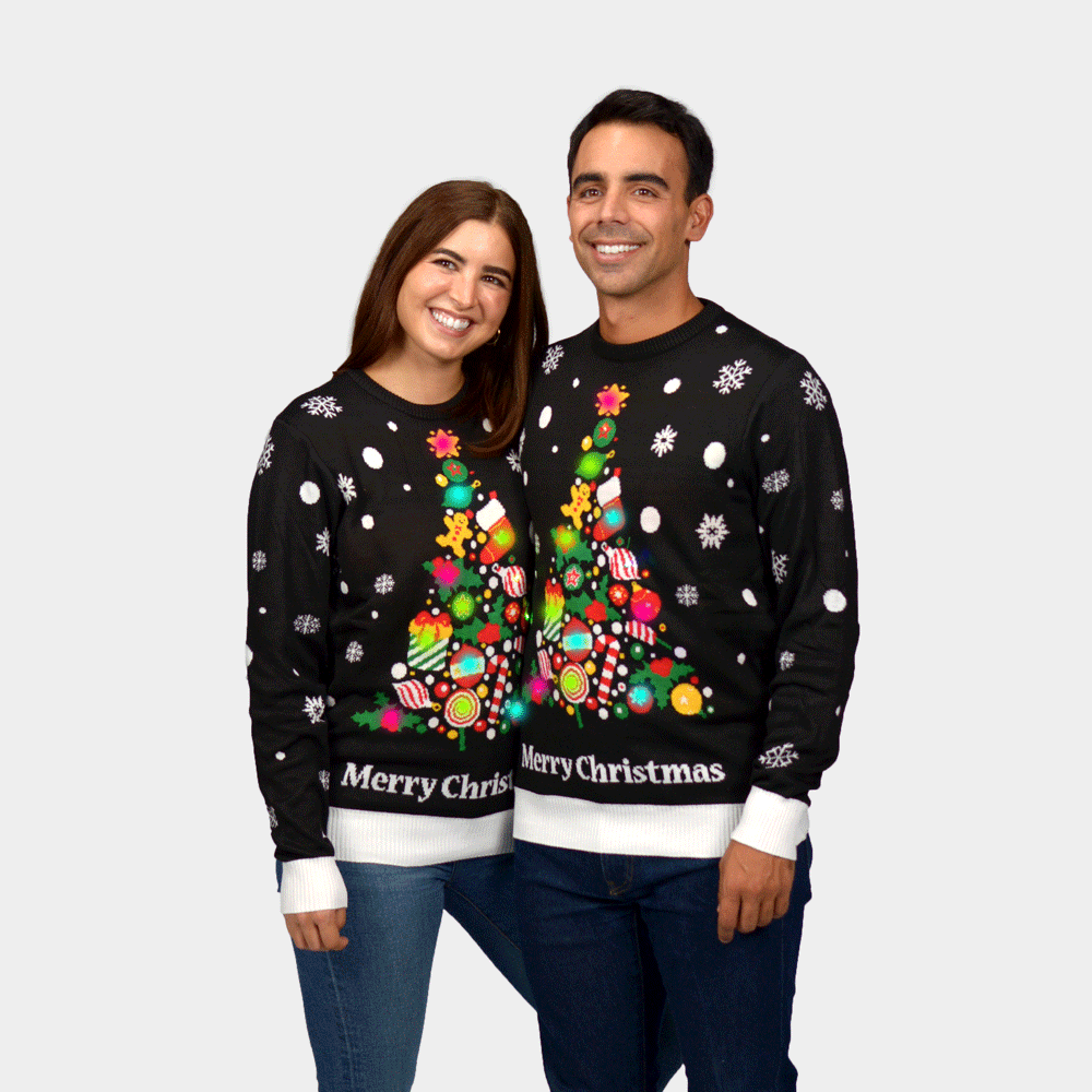 Suéter de Navidad con Luces LED para Mujer y Hombre Negro con Árbol de Navidad