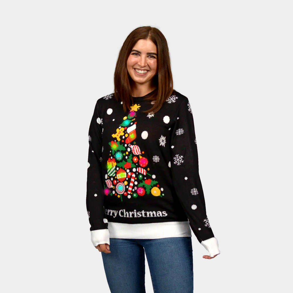 Suéter de Navidad con Luces LED para Mujer Negro con Árbol de Navidad