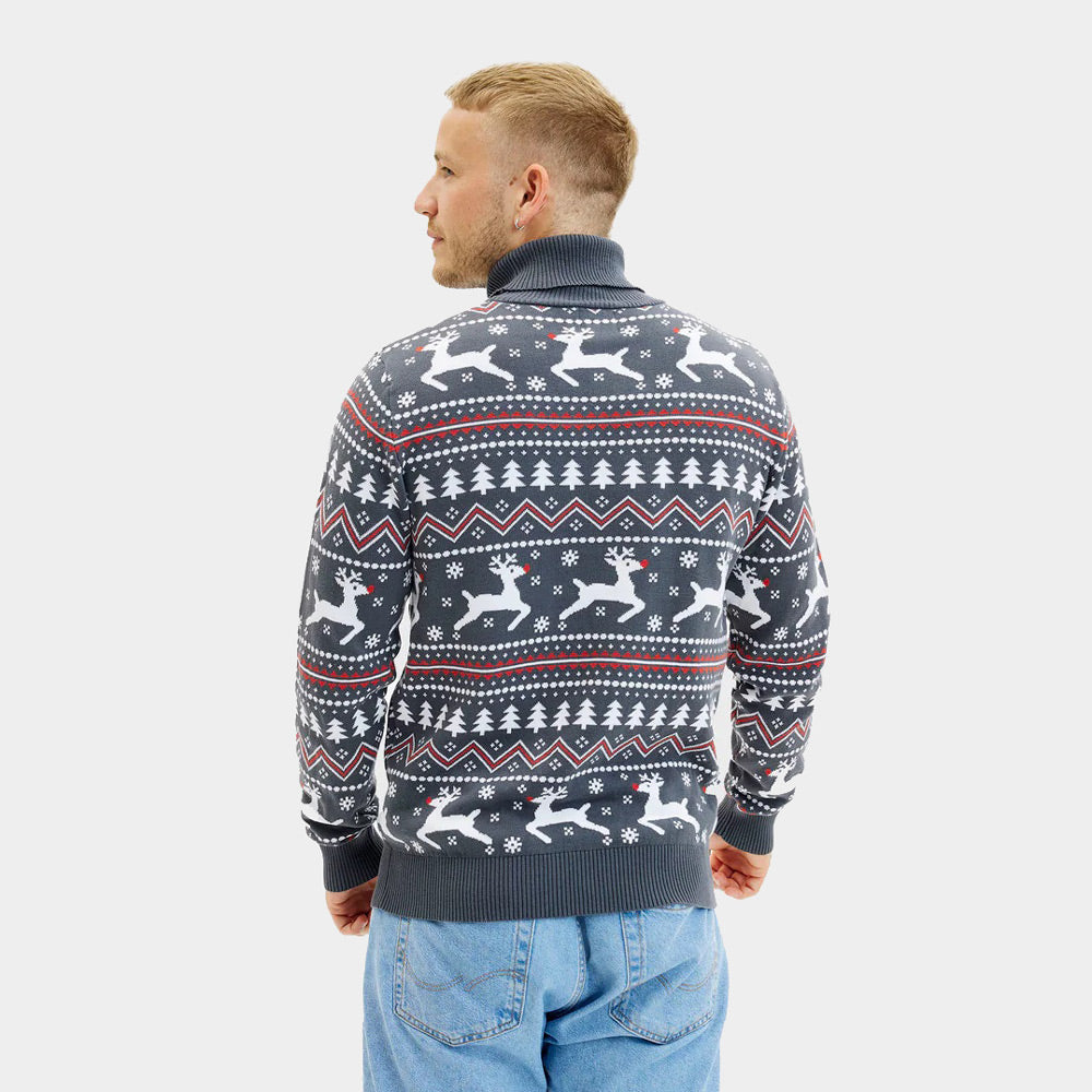 Suéter hombre Navidad de cuello alto Gris con Renos Algodón Orgánico