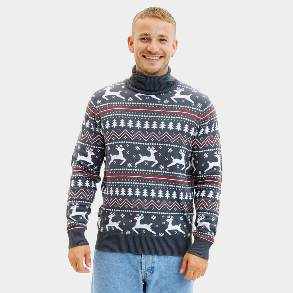 Suéter de Navidad de cuello alto para Hombre Gris con Renos Algodón Orgánico