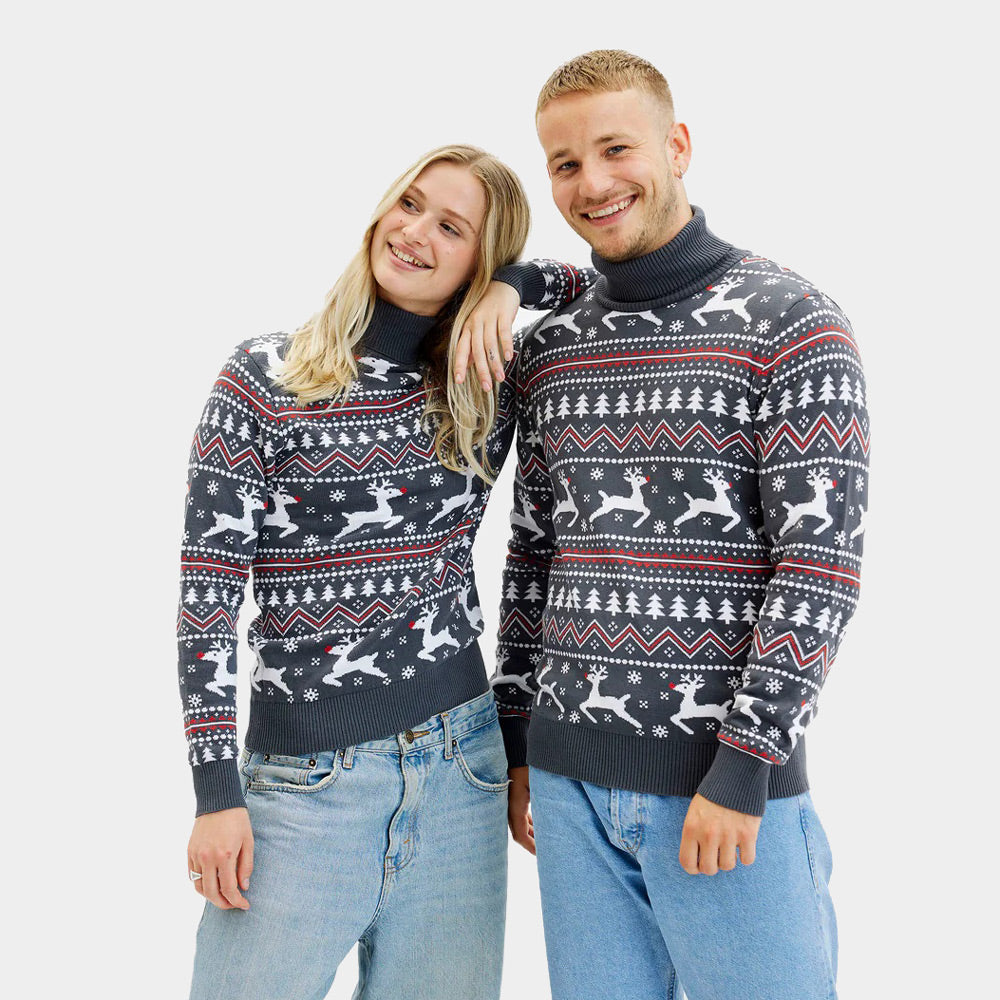 Hombre Suéter de Navidad de cuello alto Gris con Renos Algodón Orgánico
