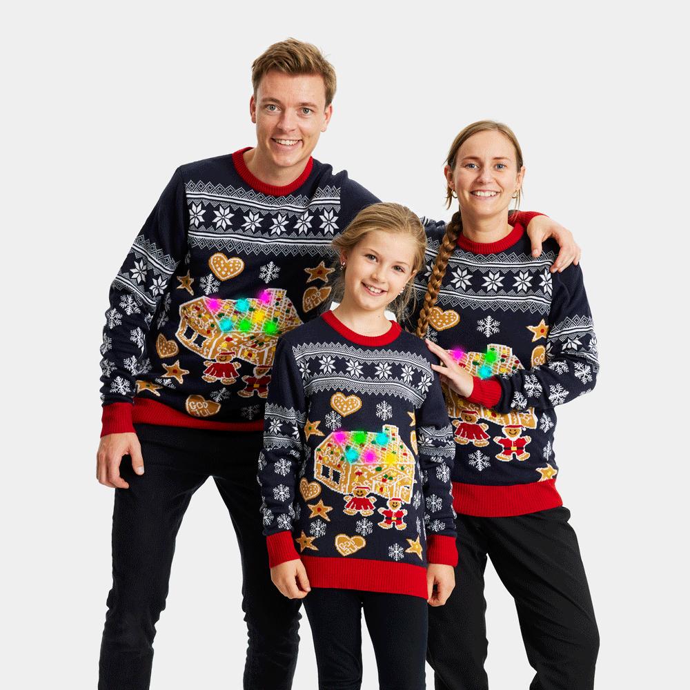 Suéter de Navidad de Luces LED para Familia Casa Gingerbread
