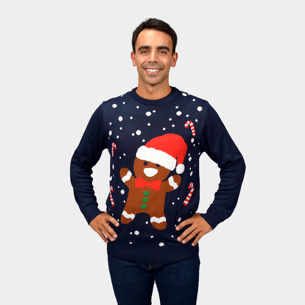 Suéter de Navidad para Familia Azul Gingerbread Hombre