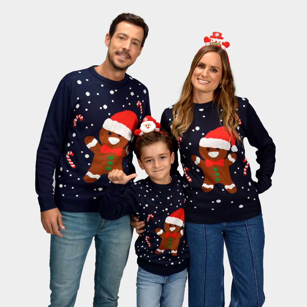 Suéter de Navidad para Familia Azul Gingerbread