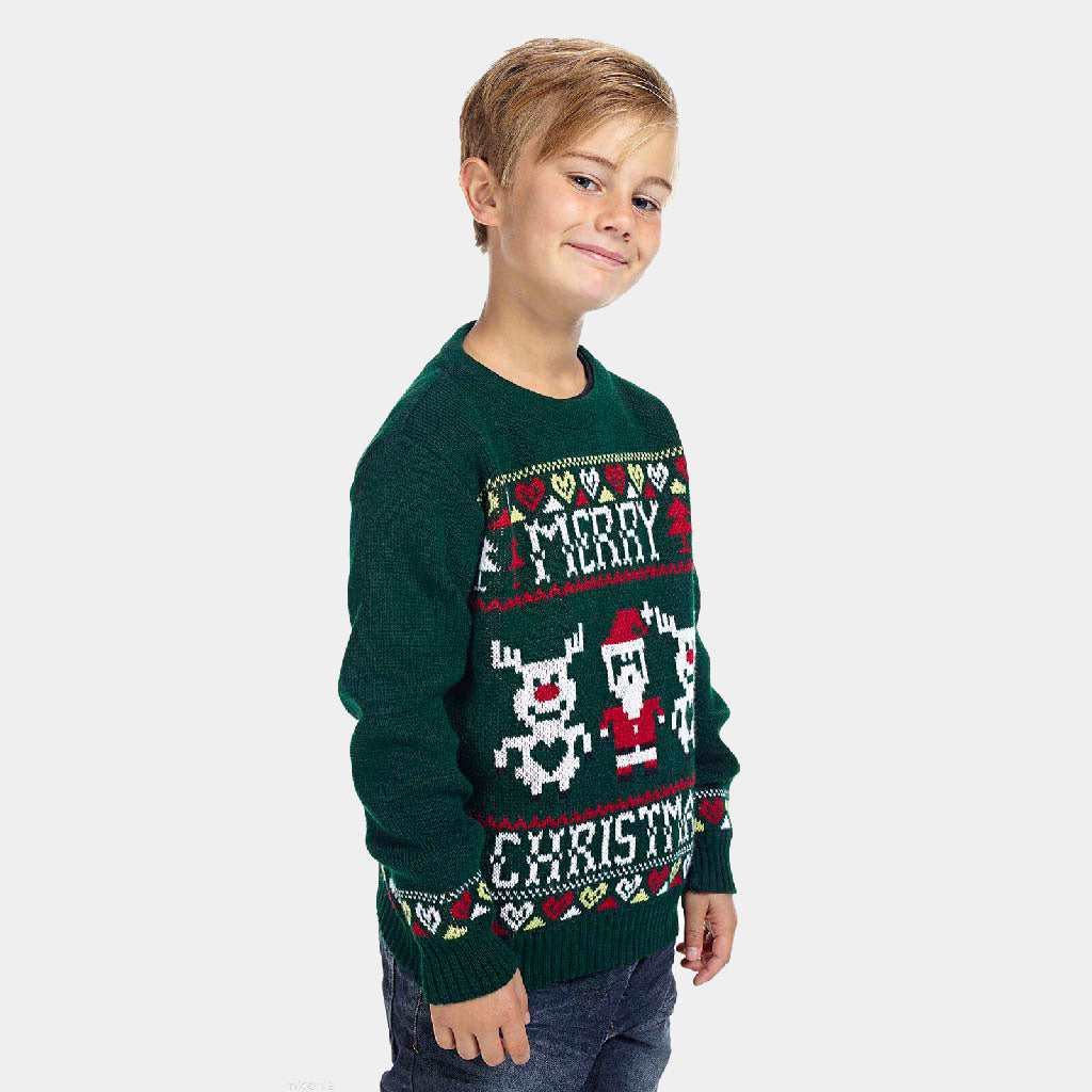 Suéter Navideño Niño Verde con Renos y Papá Noel