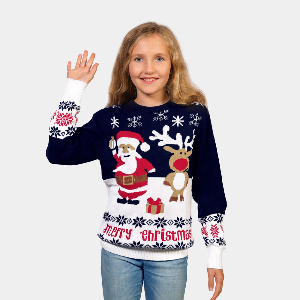 Suéter de Navidad Familia Azul Papá Noel Reno Rudolph Algodón Orgánico