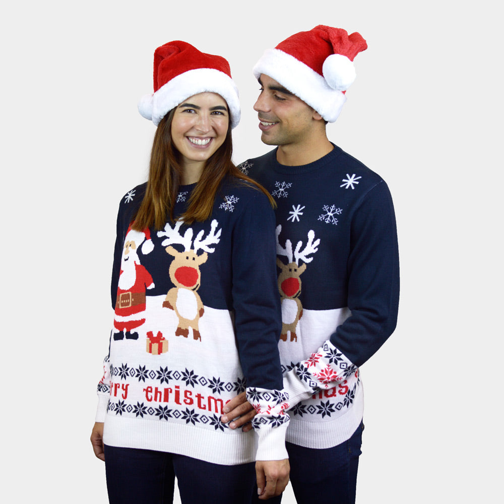 Suéter de Navidad Familia Azul Papá Noel Reno Rudolph Algodón Orgánico pareja