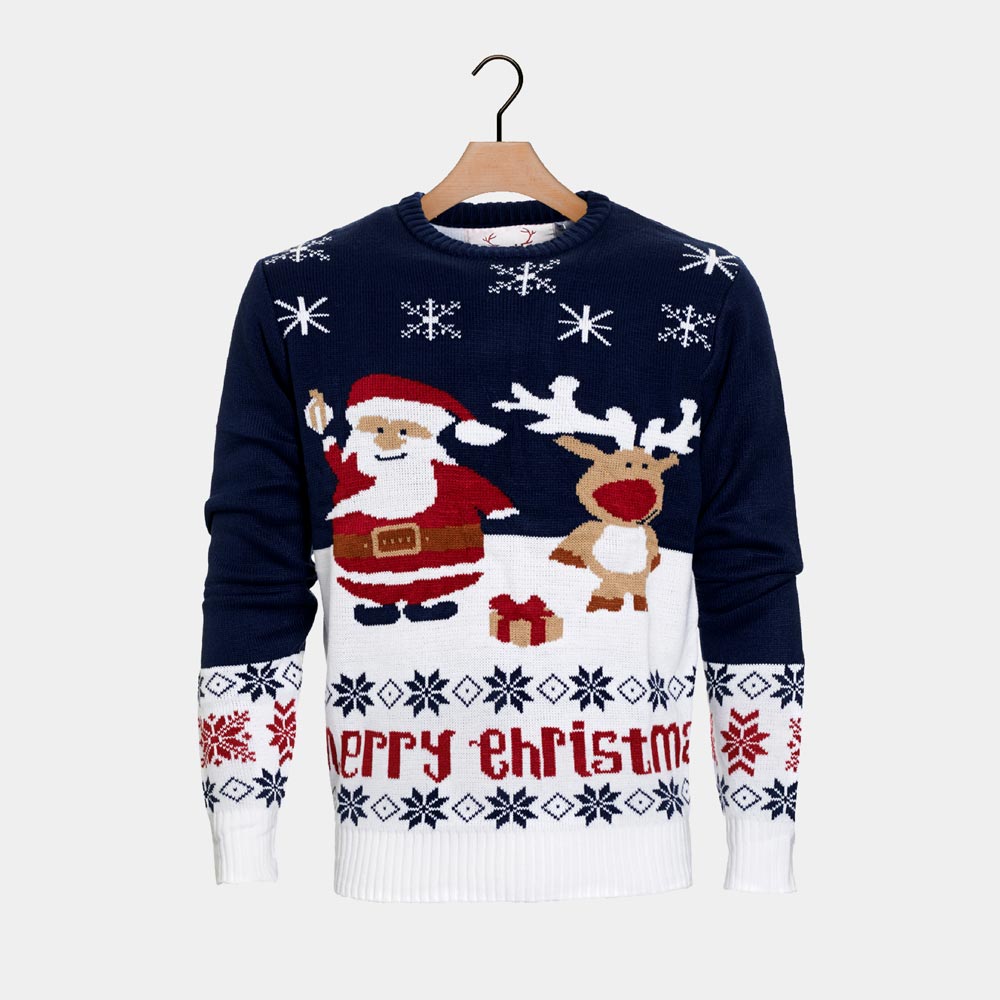Suéter de Navidad para Familia Azul Papá Noel y Reno Rudolph