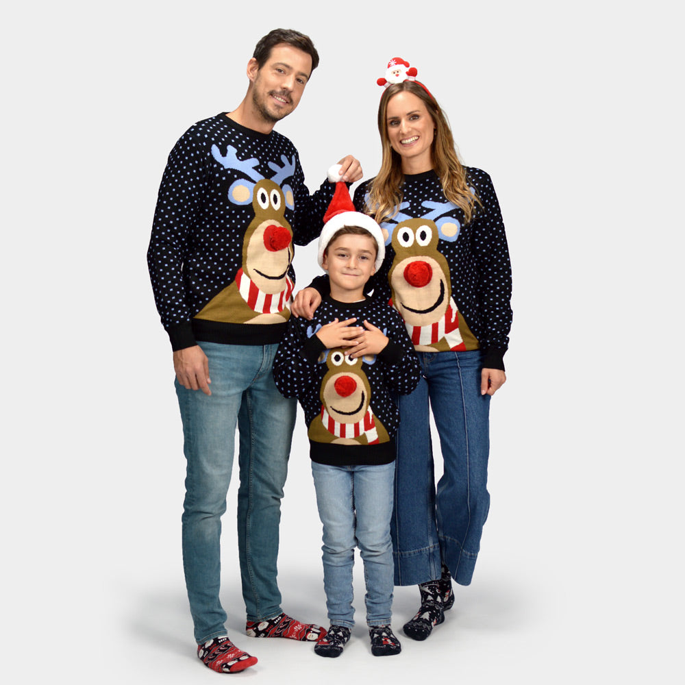 Suéter de Navidad para Familia Azul Reno Rodolfo con Nariz Roja en 3D
