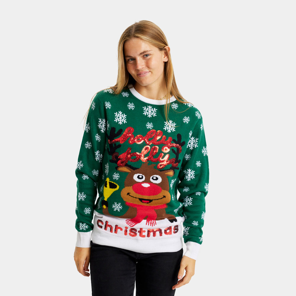 Suéter de Navidad para Familia Verde Holly Jolly Lentejuelas Mujer