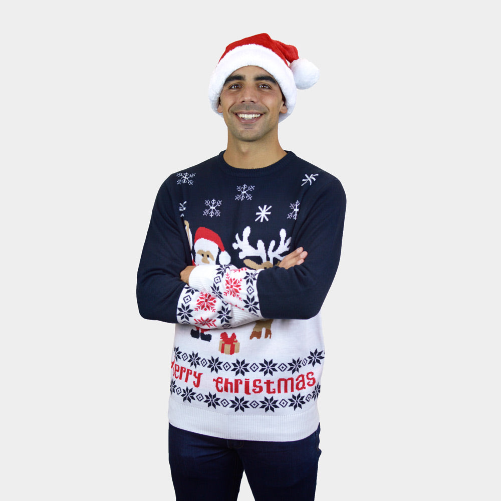 Suéter de Navidad Familia Azul Papá Noel Reno Rudolph Algodón Orgánico hombre