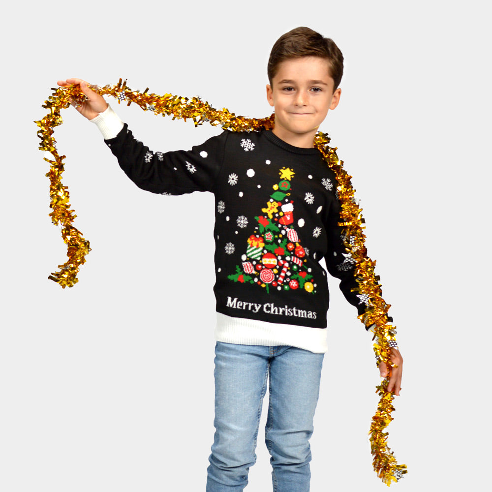 Suéter de Navidad para Familia Negro Niña y Niño Árbol de Navidad