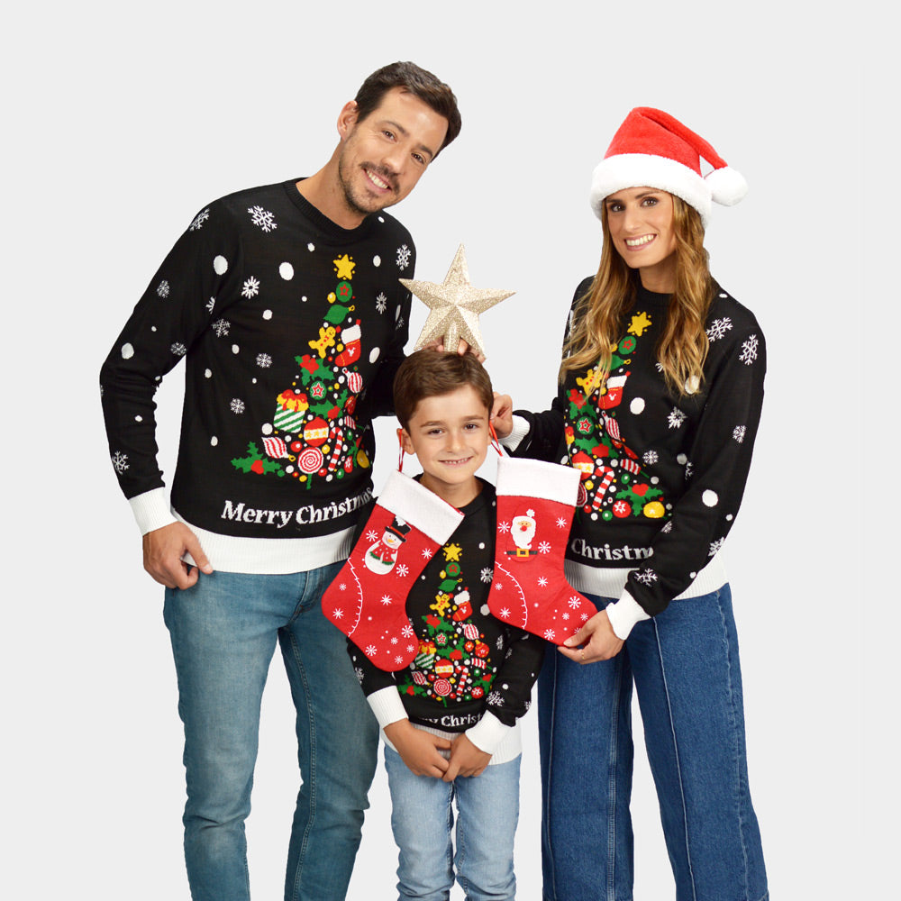 Suéter de Navidad para Familia Negro con Árbol de Navidad