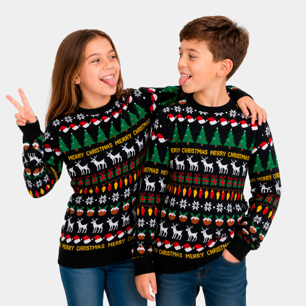 Suéter de Navidad Familia Niña y Niño Negro con Árboles, Renos y Regalos
