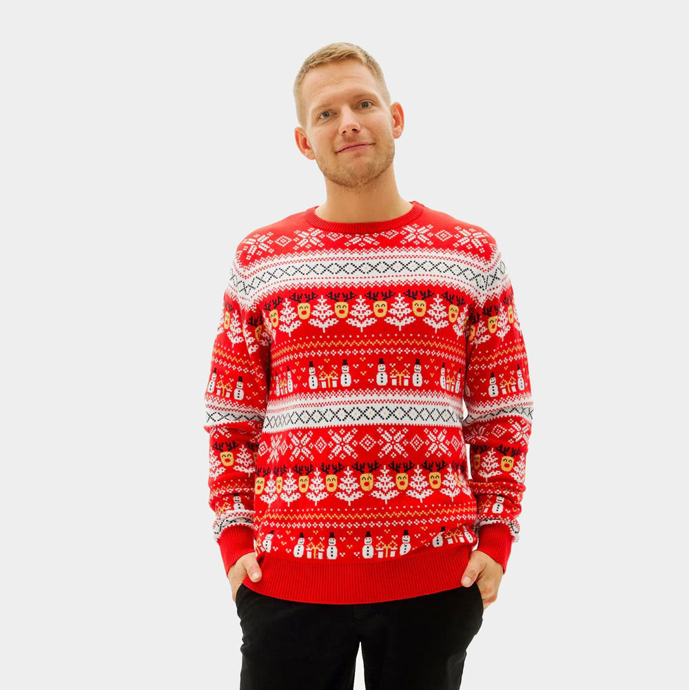 Suéter de Navidad Familia Rojo Muñecos y Cenefas Algodón Orgánico hombre