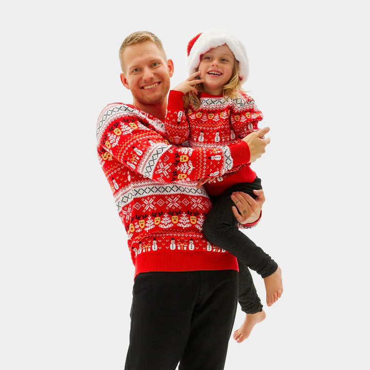 Suéter de Navidad Familia Rojo Muñecos y Cenefas Algodón Orgánico