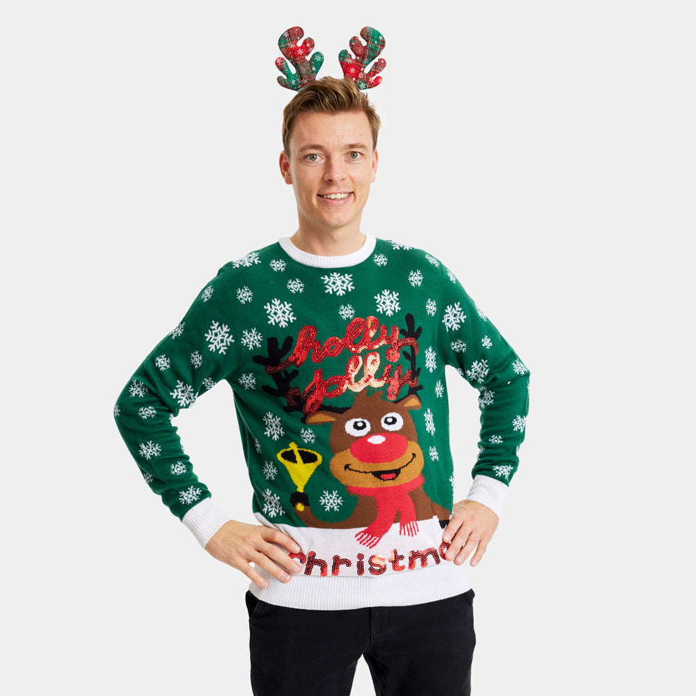 Suéter de Navidad para Familia Verde Holly Jolly Lentejuelas hombre