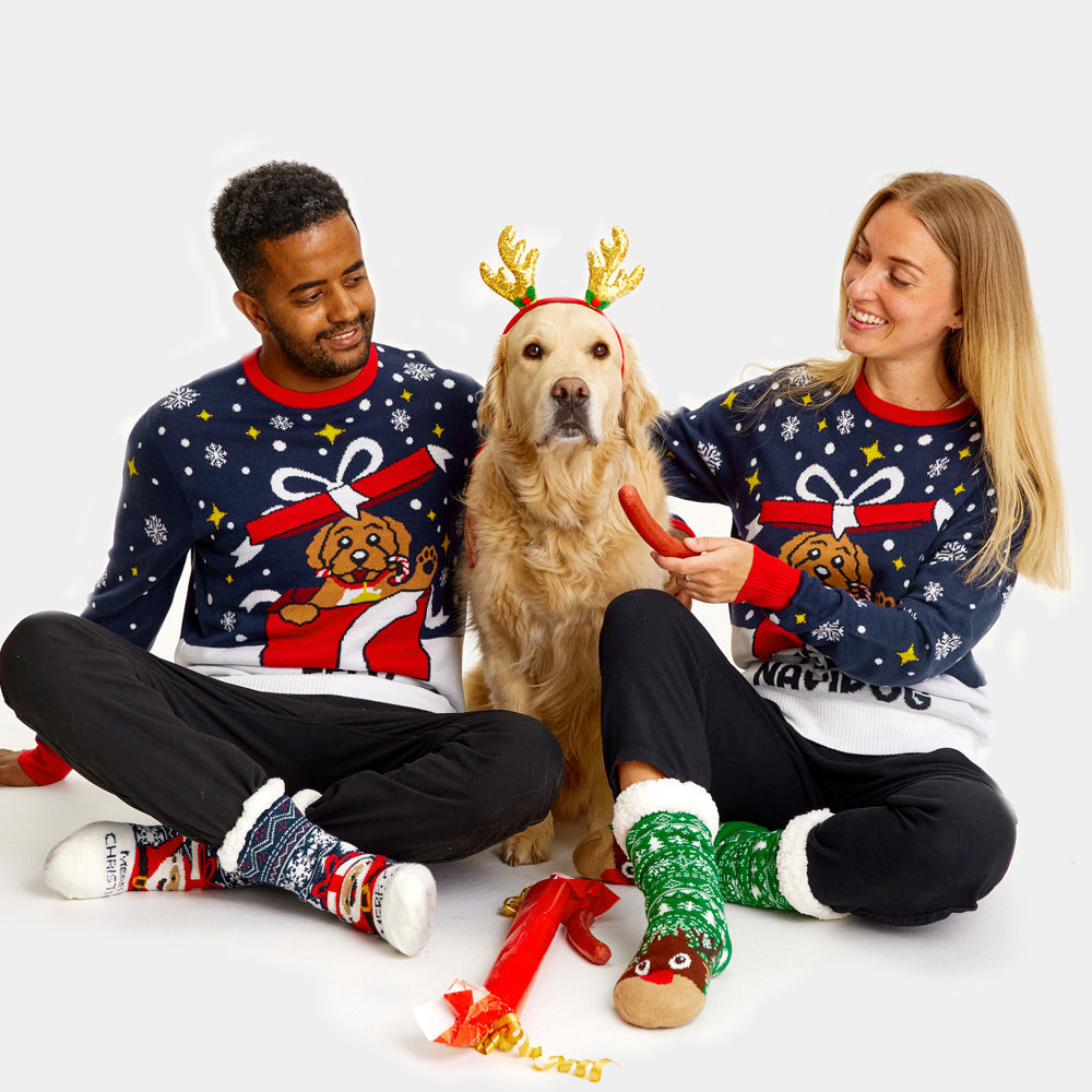 Suéter de Navidad Parejas Feliz Navidog con perro