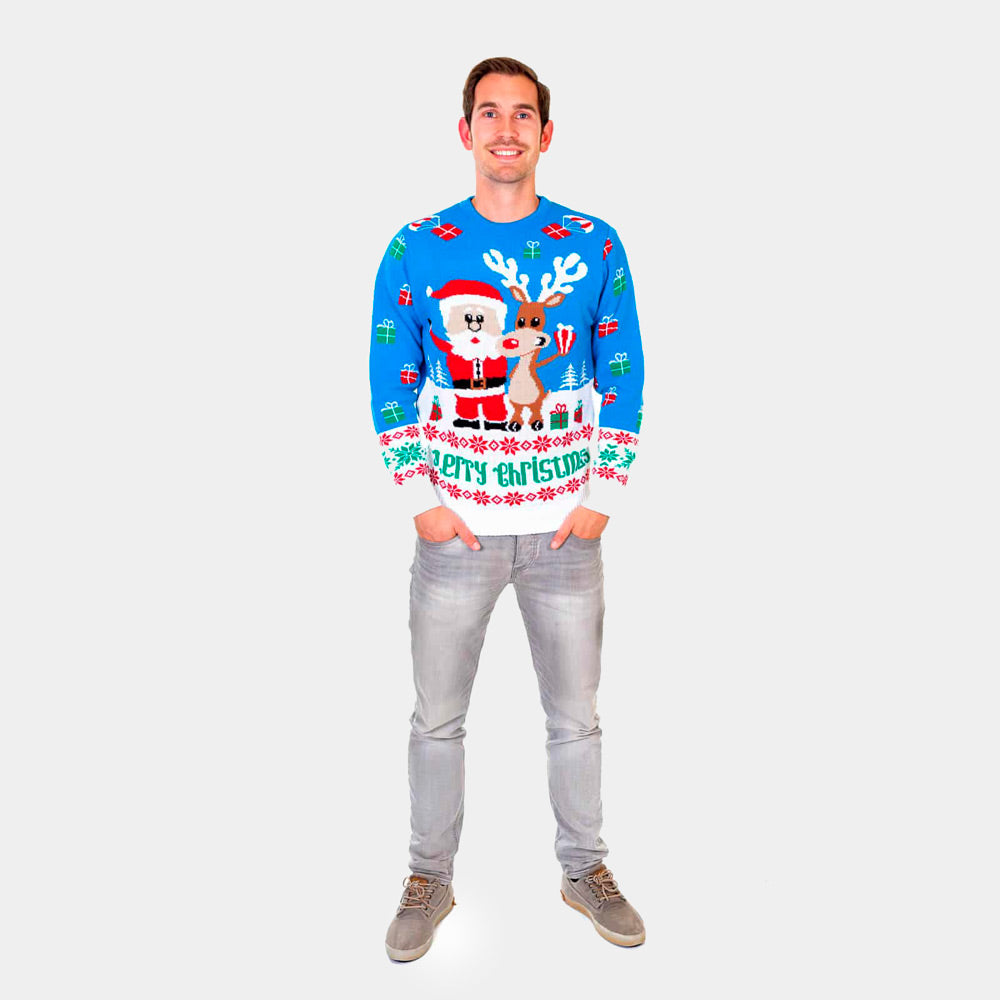 Suéter Navideño Hombre Azul Claro Cielo Reno y Papá Noel