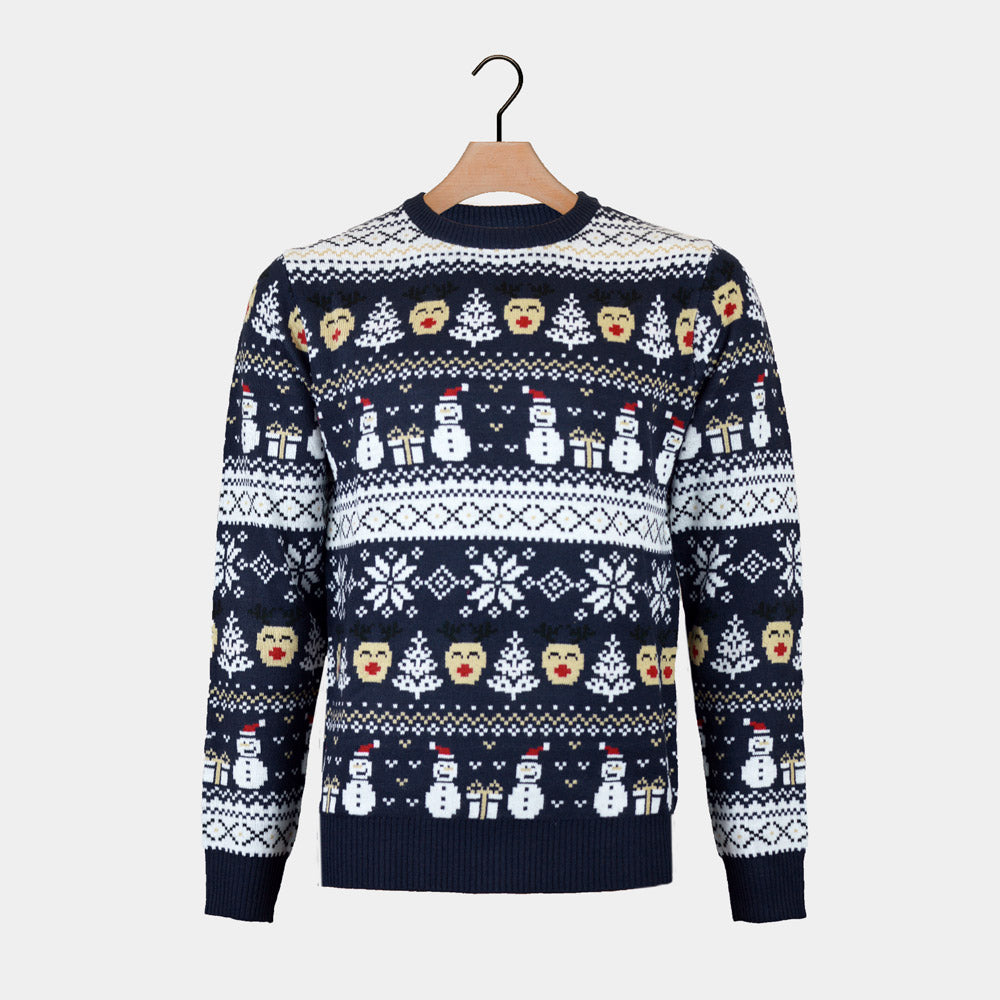 Suéter de Navidad para Hombre  y Cenefas Azul Muñecos de Nieve