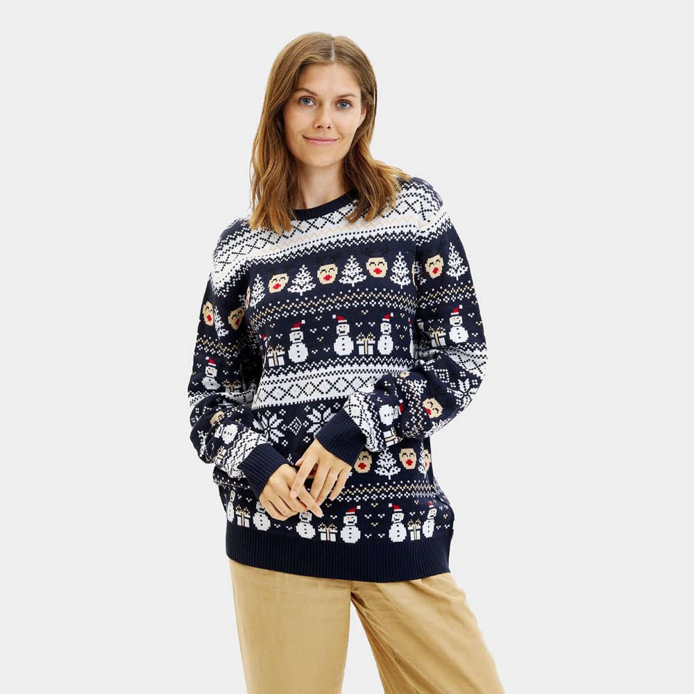 Suéter de Navidad Mujer Hombre Azul Muñecos de Nieve y Cenefas
