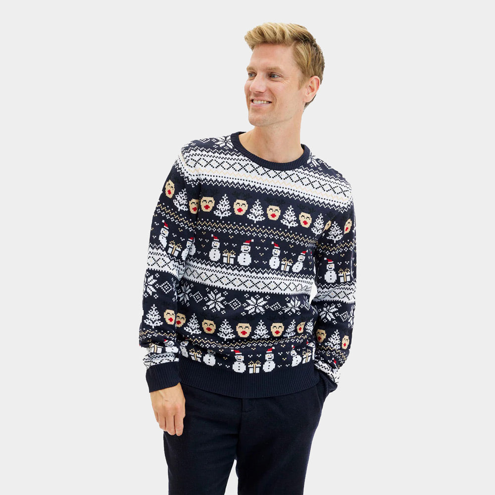 Suéter de Navidad para Hombre Azul Muñecos de Nieve y Cenefas