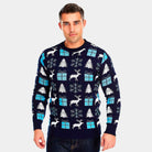 sueter de Navidad para Hombre Azul con Renos, Regalos y Pinos