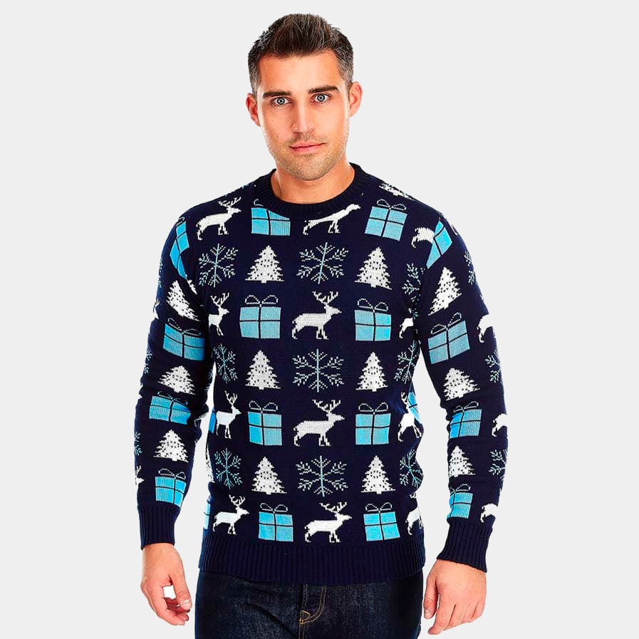 sueter de Navidad para Hombre Azul con Renos, Regalos y Pinos