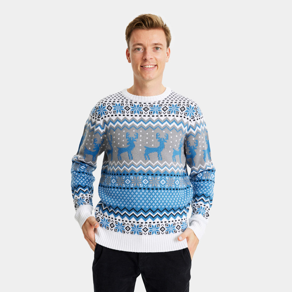 Suéter de Navidad para Hombre Blanco, Gris y Azul con Renos Elegante Hombre