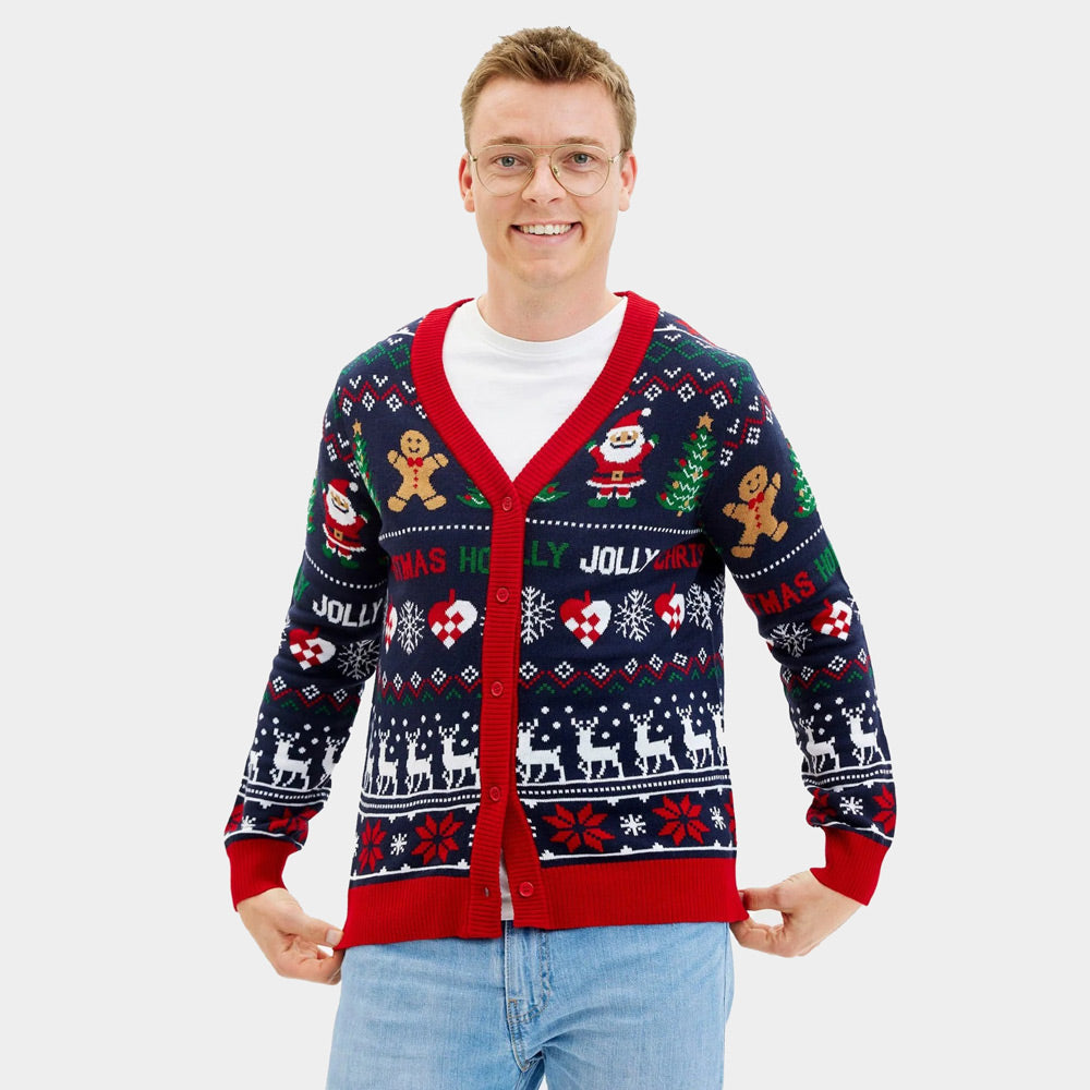 Suéter de Navidad para Hombre Cárdigan Azul y Rojo