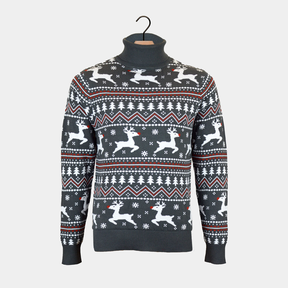 Suéter de Navidad Hombre de cuello alto Gris Renos Algodón Orgánico

