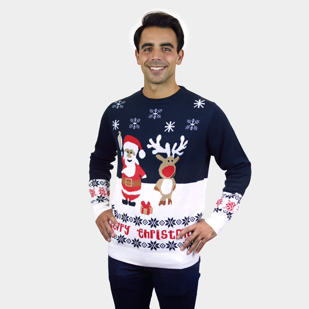 Suéter de Navidad para Familia Azul Papá Noel y Reno Rudolph hombre