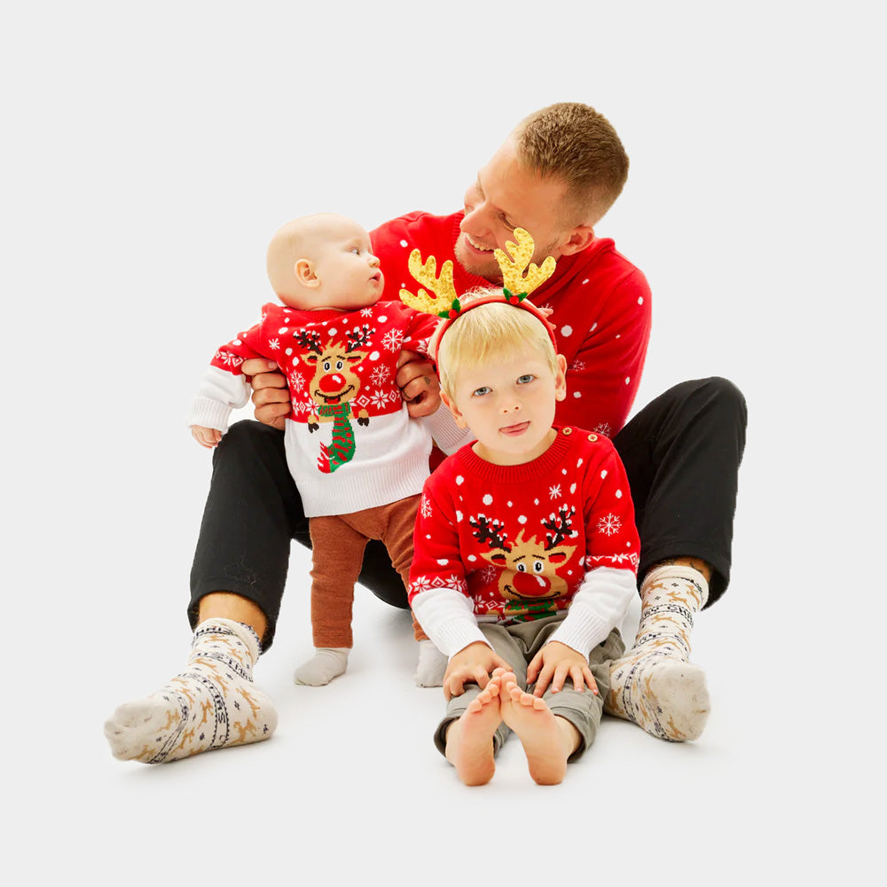 Suéter de Navidad Hombre y Niños Familia Reno con Bufanda