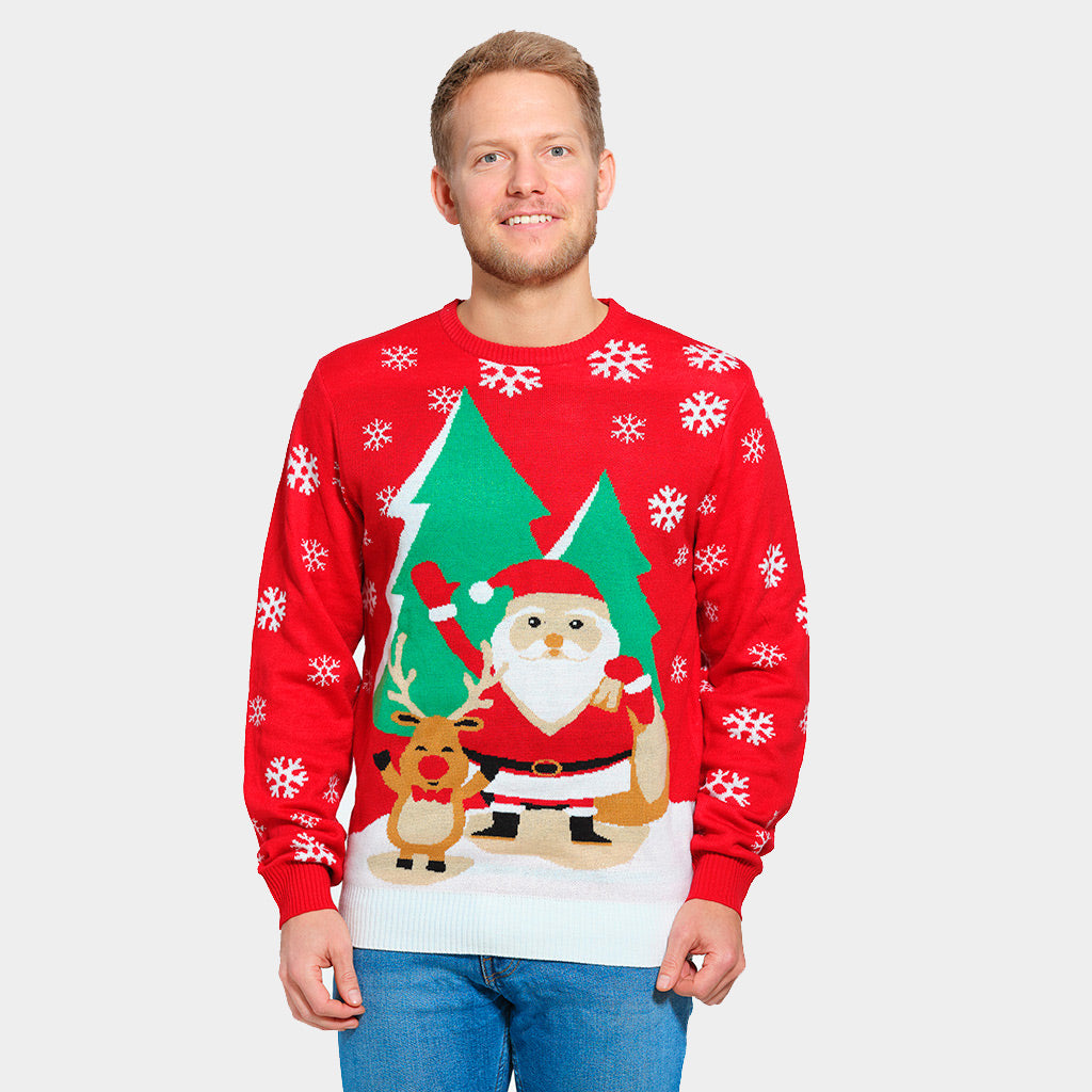 Hombre Suéter de Navidad para Familia Rojo con Santa Claus y Reno Saludando