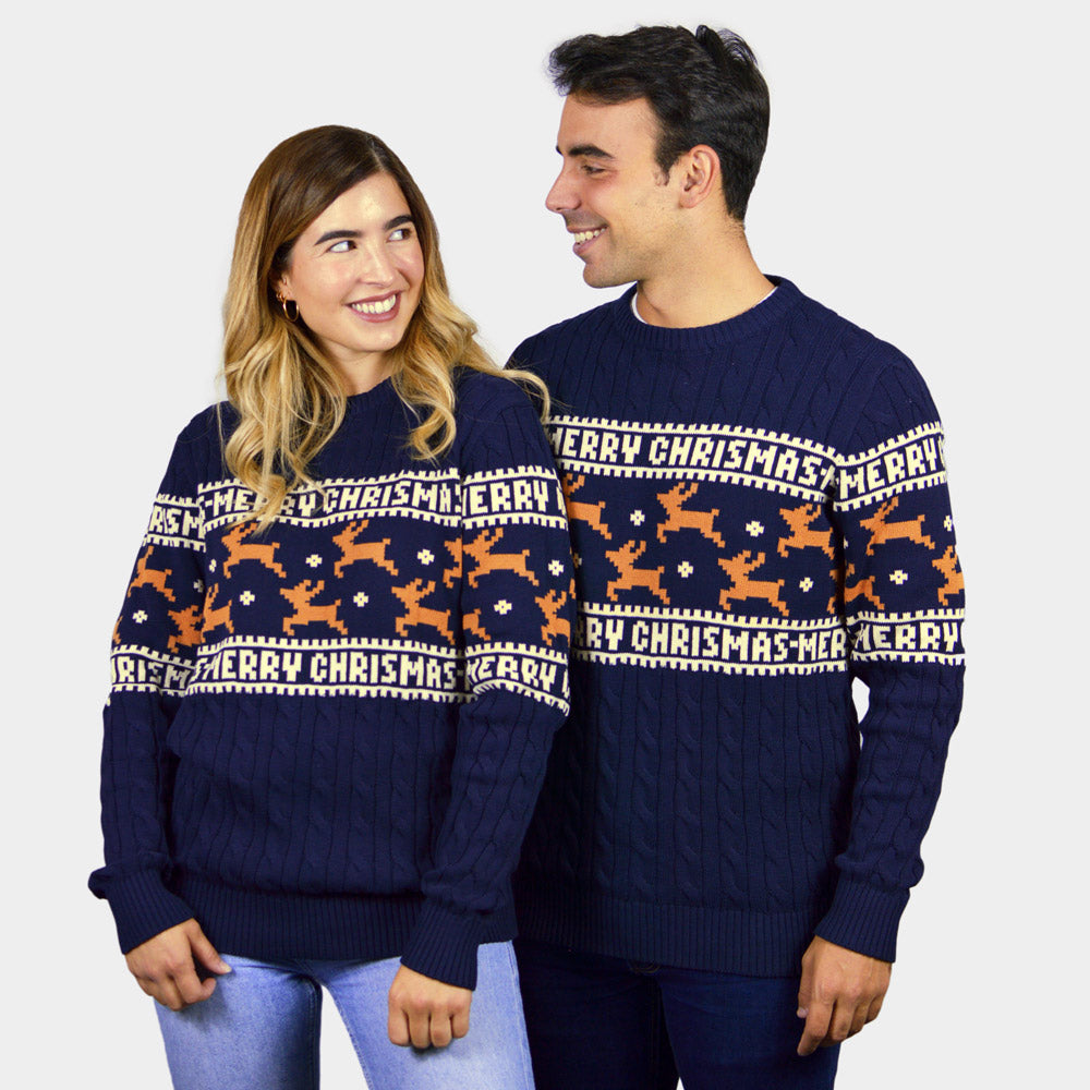 Suéter de Navidad para Hombre y Mujer Elegante Azul con Renos
