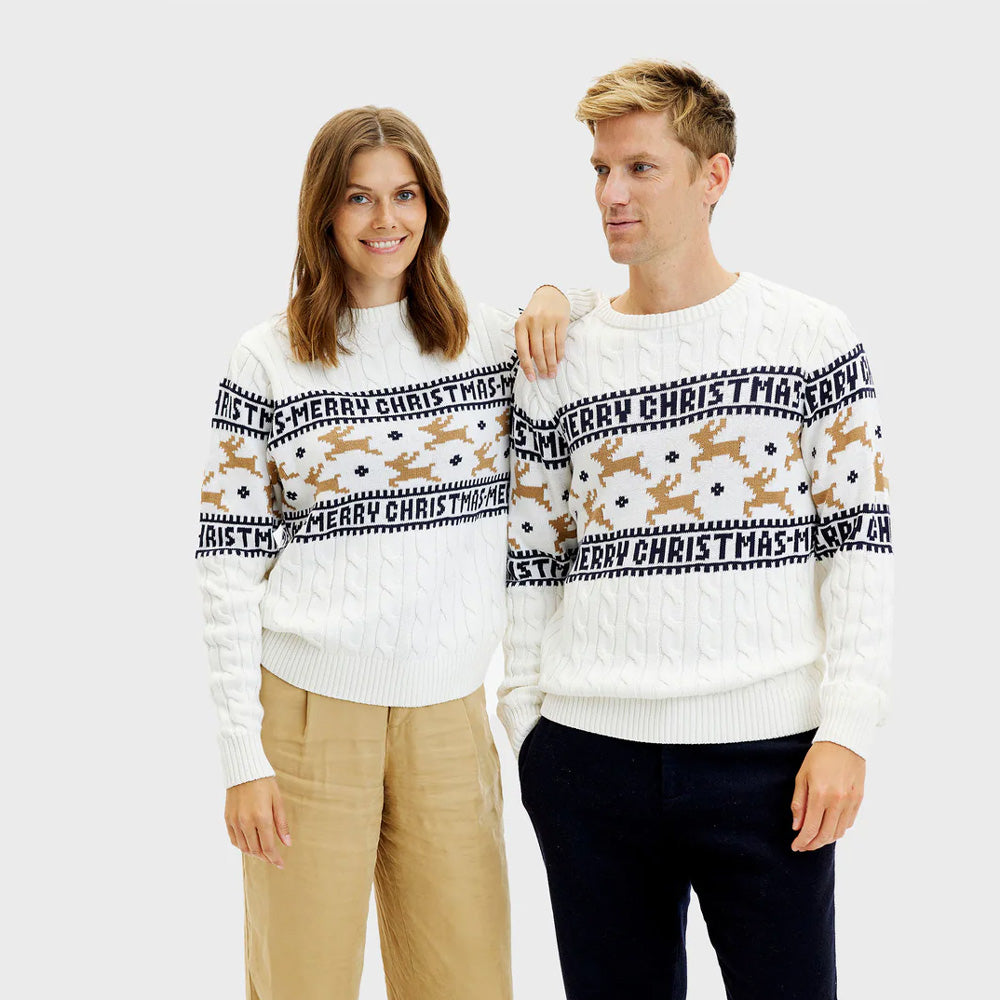 Suéter de Navidad para Hombre y Mujer  Elegante Blanco Renos Algodón Orgánico
