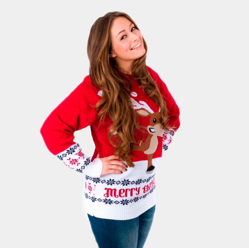 sueter Navideño Mujer Rojo Reno Patinando