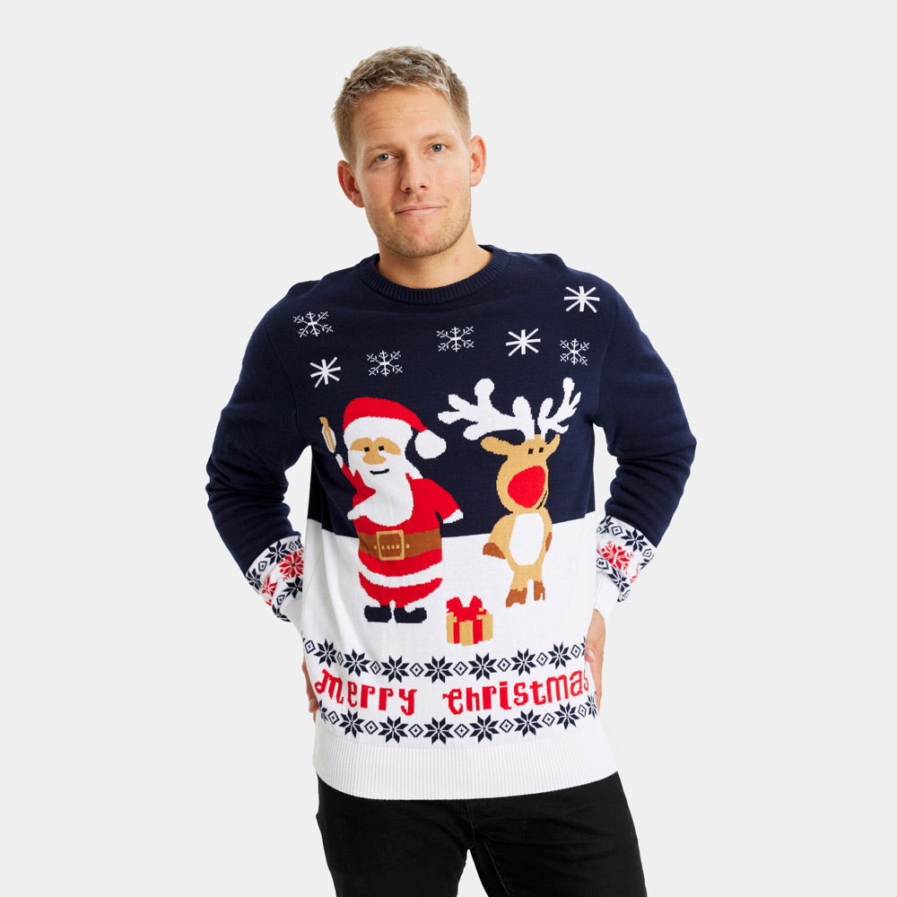 Suéter de Navidad Hombre Azul Papá Noel Reno Rudolph Algodón Orgánico
