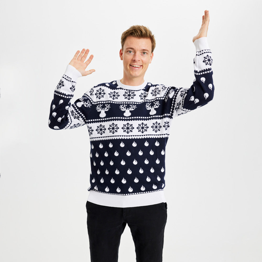 Suéter de Navidad para Hombre con Renos y Nieve Azul
